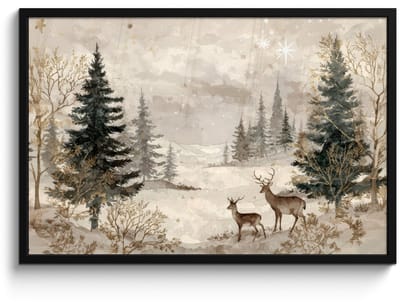 Poster in lijst - Fotolijst 90x60 cm - Posters - Bos - Herten - Winter - Sneeuw - Posterlijst zwart - Decoratie - Wanddecoratie woonkamer - Muurdecoratie slaapkamer