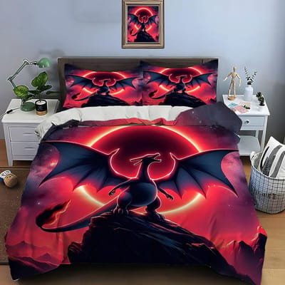 10 Maten Pokémon Charizard Print Beddengoed Set 3 Stuks Set Bed King Size Kussensloop Volwassen Bedovertrek Slaapkamer Bedset voor Cadeaus EU King 240X220cm