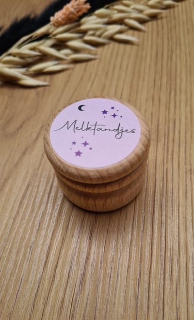 Tanden Bewaarpotje - Houten Bewaardoosje | melktandjes | tandendoosje | opdruk: sticker Licht roze | bewaarpotje | tandenpotje