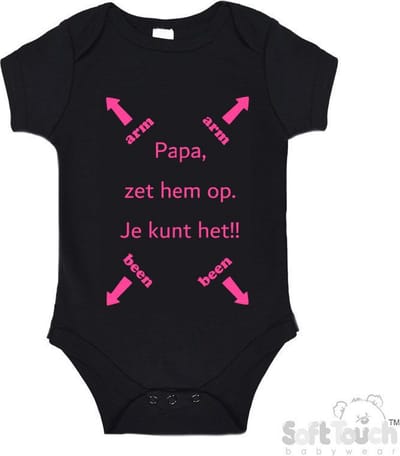 100% katoenen Romper "Papa, zet hem op. Je kunt het!!" Meisjes Katoen Zwart/roze Maat 62/68