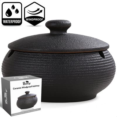 Boncy® Premium Asbak met Deksel - Keramiek Zen - Zwart Asbakken voor Buiten en Binnen - Asbak Auto - Terras Grote Stormasbak Weersbestendig