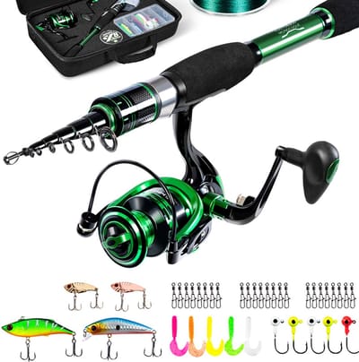 Telescopische Vishengel Set – 30T Grafiet – Compacte Reisset met Molen, Aas en Lijn – Voor Zoet- en Zoutwater – Voor Beginners en Gevorderden - Groen - 2.4M 8FT