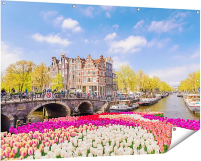 Gards Tuinposter Amsterdamse Huisjes aan de Grachten - 150x100 cm - Tuindoek - Tuindecoratie - Wanddecoratie buiten - Tuinschilderij