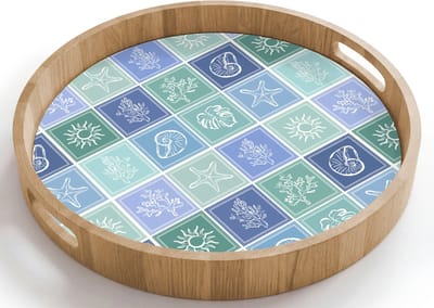 Dienblad rond 40x40 cm - Schootdienblad hout - Kust - Zee - Groen - Blauw - Borrelplank rechthoek - Plateau houten dienbladen