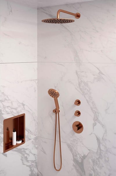 Brauer Copper Edition thermostatische inbouw regendouche SET 10 met 30 cm douchekop en gebogen muurarm en 3-standen handdouche en doucheslang en wandaansluitbocht koper geborsteld PVD