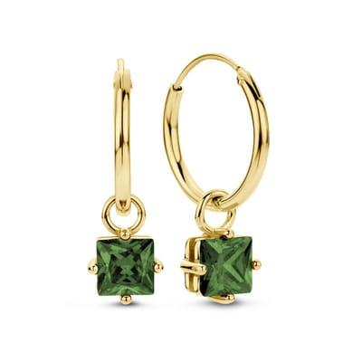 New Bling 9NB-1262 Zilveren Oorringen met hangertje - Kristal - Vierkant - Groen - 6mm - Oorringen - 15x1,5mm - Oorbellen - Zilver - Verguld/Goud op Zilver