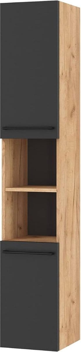 MKSS® Badkamerkasten Hoog - Badkamerkast - Badkamermeubel - Opbergkast - Hout met Zwarte Deuren