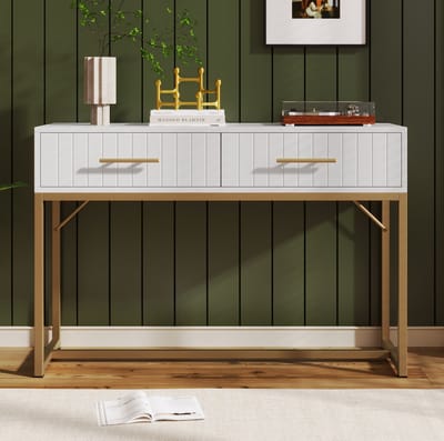 MEUNIQ schminktafel 100 x 45 x 75 cm met 2 lades, wit bureau voor slaapkamer, metalen onderstel, opbergruimte voor cosmetica en accessoires