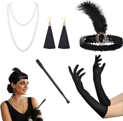 1920s Flapper Accessoire Set voor Halloween - Feathers, Faux Pearl Ketting, Oorbellen, Satijnen Handschoenen en Scepter voor Gatsby Kostuums