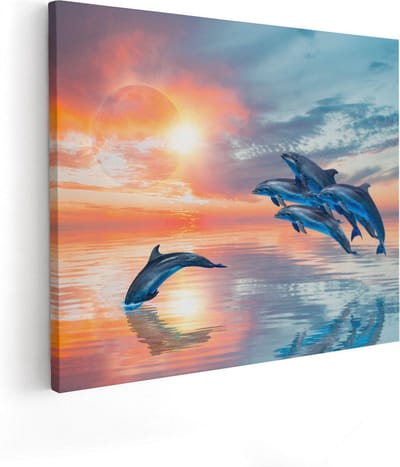 Artaza Canvas Schilderij Zonsondergang Zee - 50x40 cm - Muurdecoratie Dolfijnen - Wanddecoratie Strand - Kamer Accessoires Woonkamer