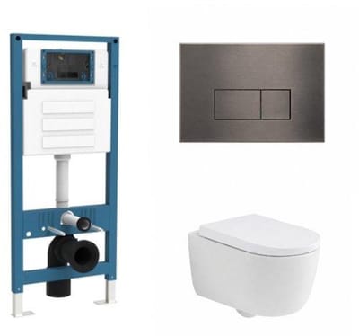 QeramiQ Dely Swirl Toiletset - inbouwreservoir Qeramiq Flush - 35mm zitting - metaal gunmetal bedieningsplaat - rechthoekige knoppen - mat wit