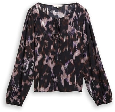 Tom Tailor Denim - Loose fit blouse met strikdetails - Maat XS - black brown abstract print