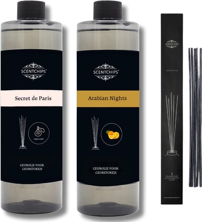 Navulling secret de paris + arabian nights + geurstokjes - Geurstokjes Navulling Set van 2 + 5 Geurstokjes - Geurverspreider - Luchtverfrisser - Huisparfum - 400ml x 2