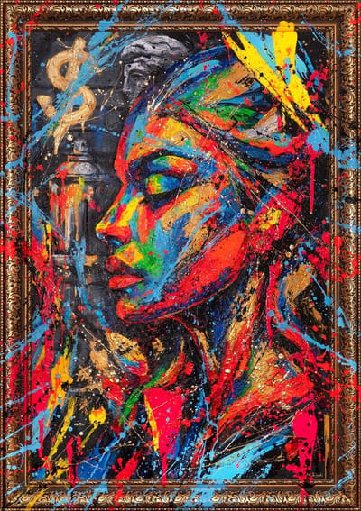 Canvas schilderij landschapsformaat handgeschilderd stedelijke muze urban expressief – YS-Art Gallery – Inspirerende wanddecoratie voor woonkamer – Modern schilderij voor kantoor en hal