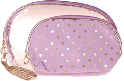 Toilettas Set Lilapaars - Transparant & Stof - Dots Goudkleurig - Rits & Handgreep - 21x13x2.5cm/26x16x6cm
