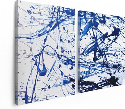 Artaza Canvas Schilderij Tweeluik Abstracte Kunst Blauwe Verf - 120x80 cm - Wanddecoratie Woonkamer - Schilderijen - Muurdecoratie