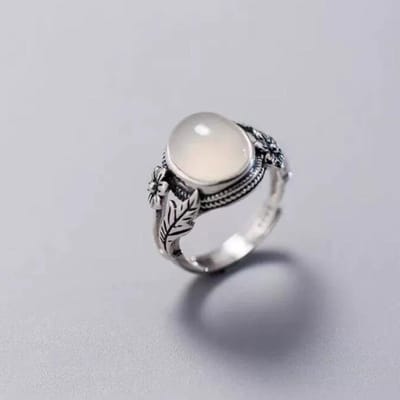 Bague Rétro Femme Tendance Vent Froid Agate Artificielle Calcédoine Bague Index Mode Fleur Ouverture Bague gray