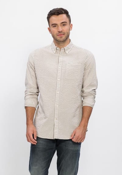 BARBOUR Cresswell Seersucker - met lange mouwen - Heren Zand - Maat XL
