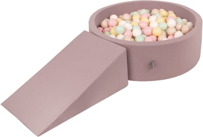 KiddyMoon Schuim speelplaats met helling en ballenbad 100 ballen - Foam hindernisbaan baby - Wasbare hoes - Heide: Pastelbeige Pastelgeel Wit Mint Roze
