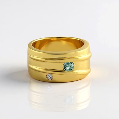 Cavill - 925 Zilver Ring - 18K Geel Verguld - 0,26 ct Ratanakiri Zirkoon - Elegante Groen Ronde Steen Damesring Cambodjaans