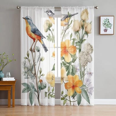 Vogel Bloemen Bladeren Takken Nostalgische Slaapkamer Transparante Vitrage Gordijnen Vakantiedecoratie Raam Voile Tule Gordijn 135W x 114H(cm) white