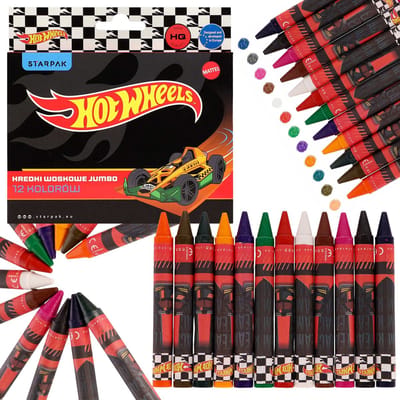 Hot Wheels JUMBO waskrijtjes voor kinderen, dikke schoolkrijtjes, set van 12 kleuren