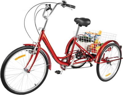 Driewieler voor Volwassenen - Driewieler Fiets - Boodschappen Doen - 6 Versnellingen - 24 Inch - Rood