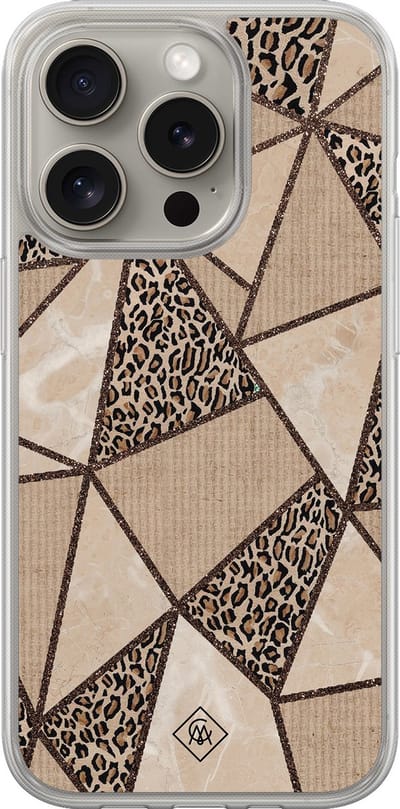 Casimoda® hoesje - Geschikt voor iPhone 15 Pro Max - Leopard Abstract - 2-in-1 case - Schokbestendig - Luipaardprint - Verhoogde randen - Bruin/beige, Transparant