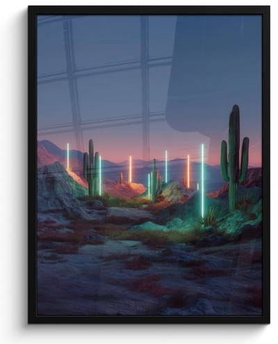 Poster in lijst - Fotolijst 60x80 cm - Posters - Cactus - Lichtzuilen - Zonsondergang - Posterlijst zwart - Decoratie - Wanddecoratie woonkamer - Muurdecoratie slaapkamer