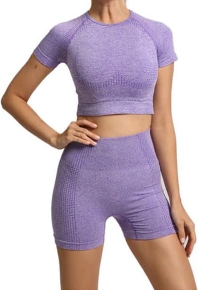 Jumada's - Sport outfit - Crop top met korte mouwen - High waist korte legging - Naadloos - Squatproof - Paars - S