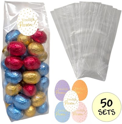50x Uitdeelzakjes Met Sluitstickers - 50 Stickers & 50 Zakjes - 50 Stuks Blokbodemzakjes - Cellofaanzakjes - Traktatie Zakjes - 80x50x250 mm - 50 Sets - Vrolijk Pasen!