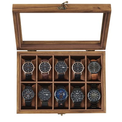 SONGMICS - Horloge Doos - Met 10 Vakken - Massief Houten Horlogekist - Met Glazen Deksel en Kussens
