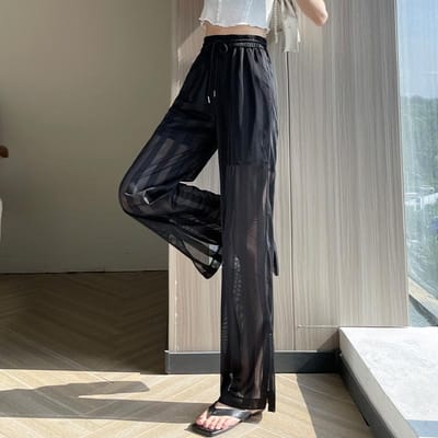 Nieuwe Ice Mesh Wijde Pijpen Broek voor Dames In de Zomer Dunne Zonbescherming Koele Chiffon Split Rechte Casual Broek M zwart