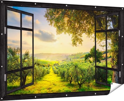 Gards Tuinposter Doorkijk Olijvenbomen - Olijvengaard - 180x120 cm - Tuindoek - Tuindecoratie - Wanddecoratie buiten - Tuinschilderij