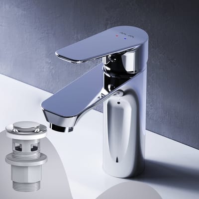 AM.PM Hit - Wastafelkraan met push-open waste set M-Size - Waterbesparend - Messing - Chroom