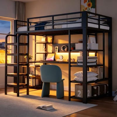 HAUSS SPOLE Metalen Hoogslaper 90x200 cm - Met Ledverlichting En Bureau - Met Opbergrek En Stopcontact - Zonder Matras - Zwart