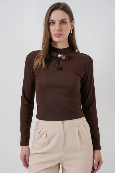 Aangesloten Lange Mouw Halve Colblouse met Lintdetail