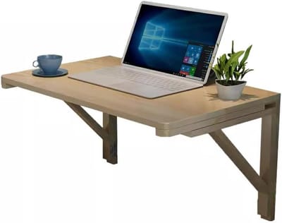 Klaptafel Massief Hout - Wandtafel Bureau - Ruimte Besparen - Driehoekige Steun - 80x40cm - Houtkleur