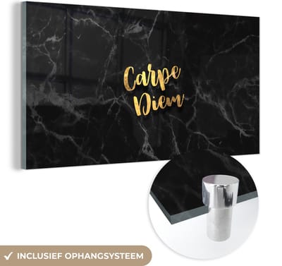 MuchoWow® Glasschilderij 40x20 cm - Schilderij acrylglas - Quotes - Spreuken - Goud - Marmer - Foto op glas - Schilderijen