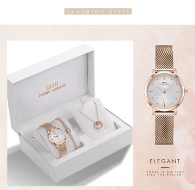 Boerni Aibisino Horloge met decoratieve wijzerplaat, Armband en Ketting Rosé luxe geschenk set luxe geschenk set | Crystal glass | Premium kwaliteit uurwerk Quartz Japan | Mineraal | Geschenk | Fashion | Elegant | Dames | Vrouw | Black Friday