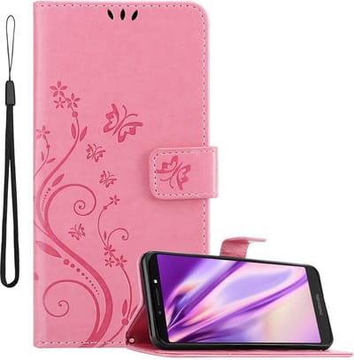 Cadorabo Hoesje geschikt voor Motorola MOTO E5 PLUS in BLOEMEN ROZE - Beschermhoes in bloemmotief met magnetische sluiting, standfunctie en kaartsleuven Book Case Cover Etui