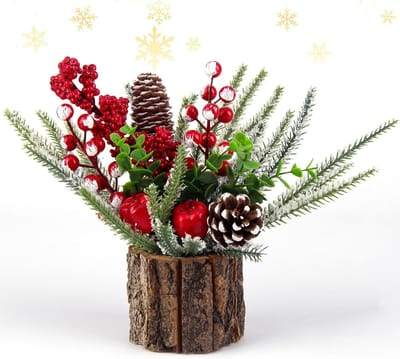 Dailygoods - CHENYU Kerstboom versierd, mini-kerstboom met rode bessen en dennenappels, kerststuk, tafel, kerstboom voor Kerstmis (25 cm, groen-witte takken, Cylindrisch)