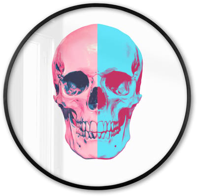 Poster in lijst Rond - Fotolijst 60x60 cm - Posters - Schedel - Grafisch - Roze - Verdeeld - Ronde posterlijst zwart - Decoratie - Wanddecoratie woonkamer - Muurdecoratie slaapkamer