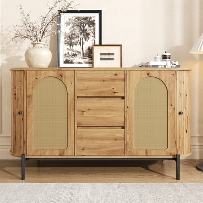 MODFU - Ovale Dressoirkast - Schuifdeuren En Lades - Verstelbare Planken - Scandinavische Stijl - Woonkamer - MDF - Naturel