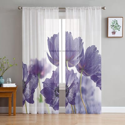 Paarse Bloemen Witte Achtergrond Tule Gordijnen Voor Woonkamer Keuken Transparant Voile Gordijn Slaapkamer Raampanelen 135W x 114H(cm) white