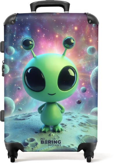 NoBoringSuitcases.com - Grote koffer - Groene alien op een planeet - Kinderkoffer geschikt voor jongen en meisjes - Reiskoffer met 4 wielen - Trolley op wieltjes - Rolkoffer groot kinderen - 72 liter - Ruimbagage valies 20kg
