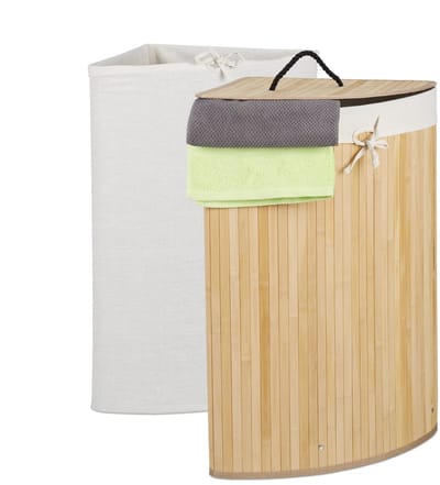 wasmand bamboe - 60 l - opvouwbaar - met deksel en 2 stoffen waszakken - 66 x 49,5 x 37 cm - natuur