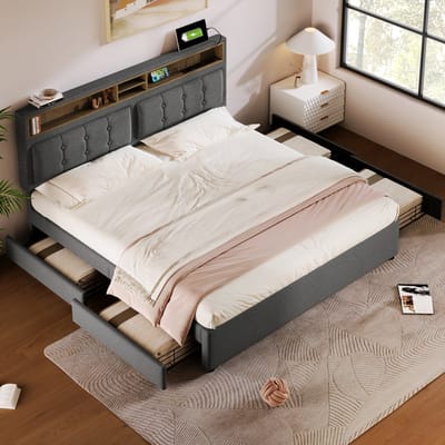 MODFU Ledikant 140x200 cm – Linnen met 4 lades & verstelbaar hoofdbord – Grijs