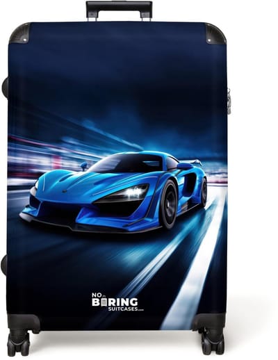 NoBoringSuitcases.com® - Koffer groot - Reiskoffer lichtgewicht - Auto - Blauw - Jongens - Kind - Rolkoffer met 4 wielen - Grote trolley XL - 98 liter bagage