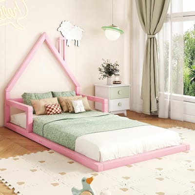Huisbed voor Kinderen met Lattenbodem 90x200 cm Vloerbed in Grenen Hout
